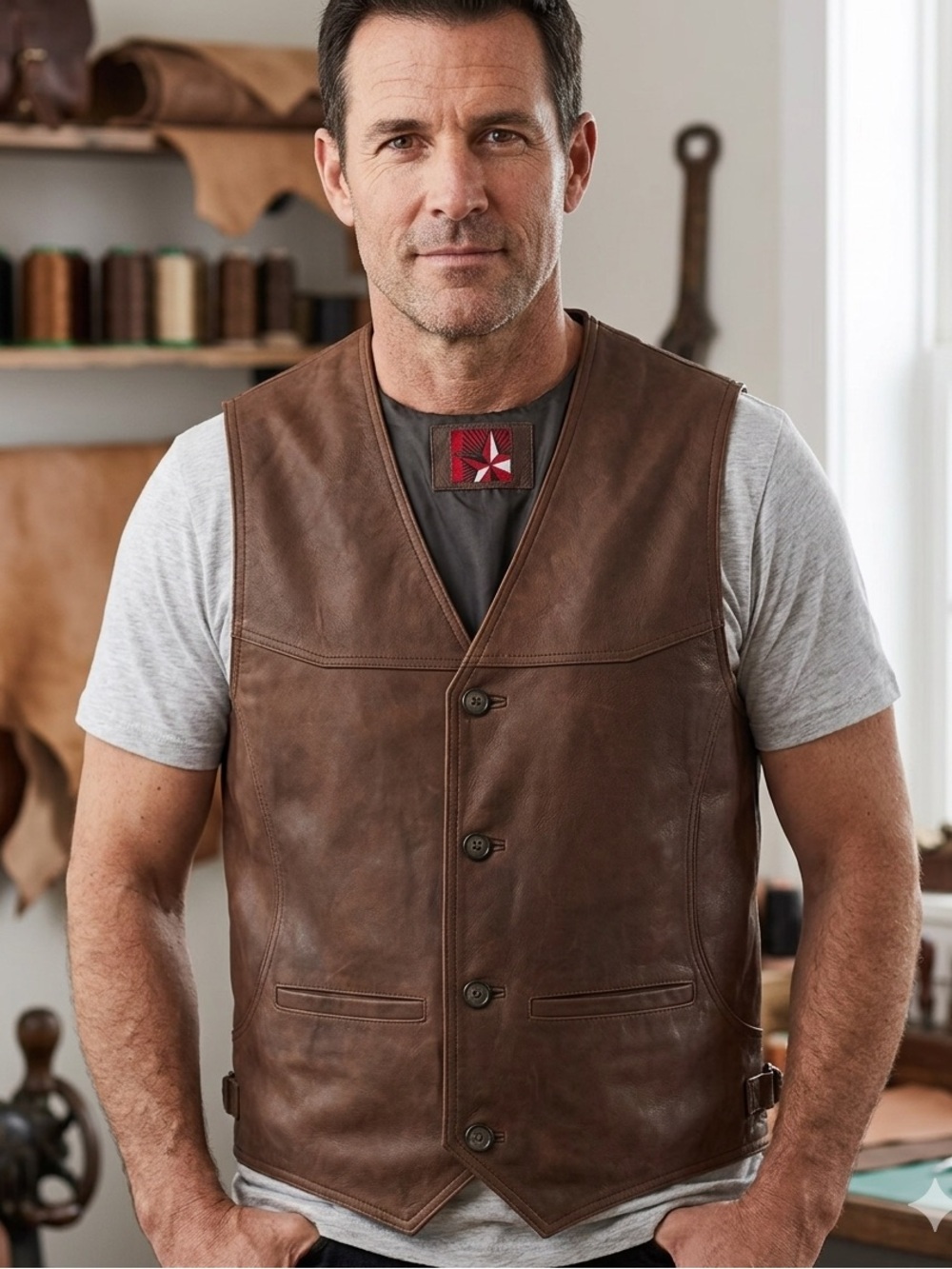 Vintage Marlboro Brown Leather Button-Front Vest XL
